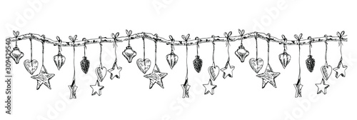 Christmas branch with hearts, stars and toys. Line art style.  Winter decoration.