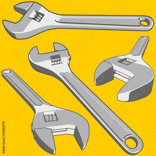 wrench set silver color with various perspective views isolated on yellow background vector illustration