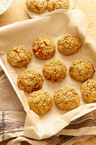Overhead shot of coconut apricot cookies with oats and almond