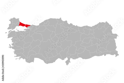 Istanbul province highlighted red color on turkey map vector. Gray background.