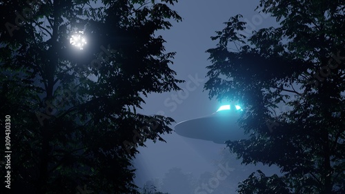 3d ufo flew over the wild forest at night