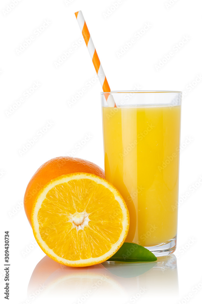 Orange juice smoothie fruit drink straw oranges in a glass isolated on white Orange juice smoothie fruit drink straw oranges in a glass isolated on white