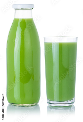 Kiwi green smoothie fruit juice drink in a bottle and glass isolated on white