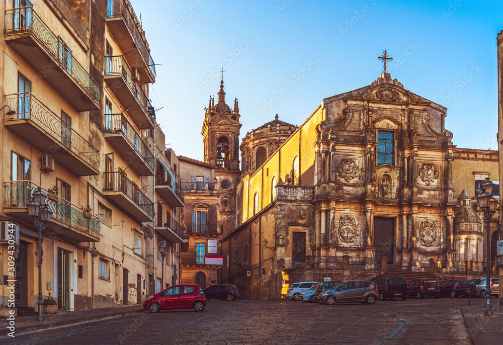 Empty square and view of the church of Santa Maria del Monte in ceramic city Caltagirone in Sicily, south Italy