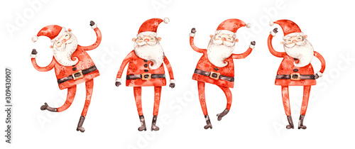 Nursery watercolor santa claus set, cute childish style, naive cartoon design, elements isolated on white background. Merry christmas and happy new year aqarelle collection