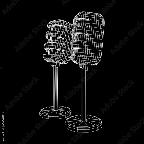 Sound recording equipment vintage microphone. Wireframe low poly mesh vector illustration