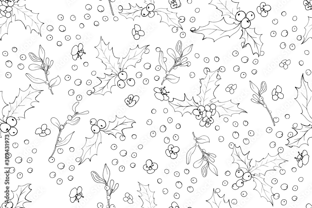 Christmas seamless pattern with holly berries, flowers and leaves. Black and white. Outline drawing. Monochrome background for festive season design, wrapping paper, textile, greeting cards. Vector.