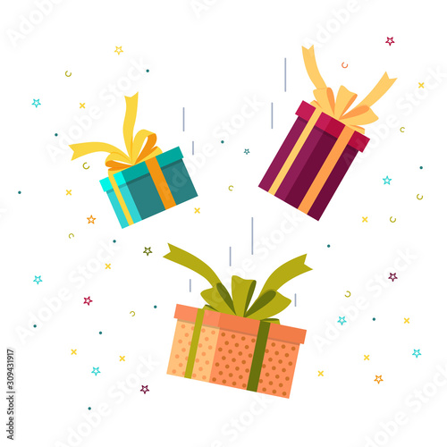 Falling gift with bows and firework. Falling down surprise box for happy event. Flat gift box icon for sale, award. vector line style giftbox with ribbon. Design illustration of happy flying gift