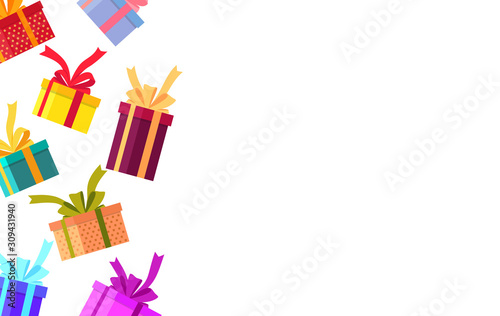 Falling gifts with bows banner. Falling down surprise boxes poster in flat style. Giftbox with ribbon for offer, holiday card, birthday, valentine day. Flying magic box for offer. vector illustration