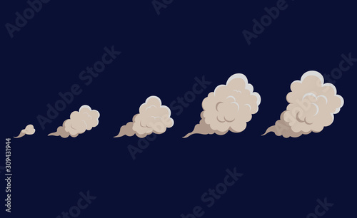 Smoke cloud explosion for animation. Cartoon cloud of fire, dust puff from speed motion, blast of bomb.Set shape of cloud in flat comic style. Toxic gas bubble. Isolated vector illustration