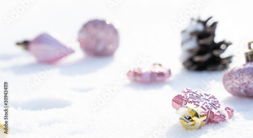 Christmas - Baubles Decorated, Pink xmas balls, Pine And Snowflakes In Snowing Background