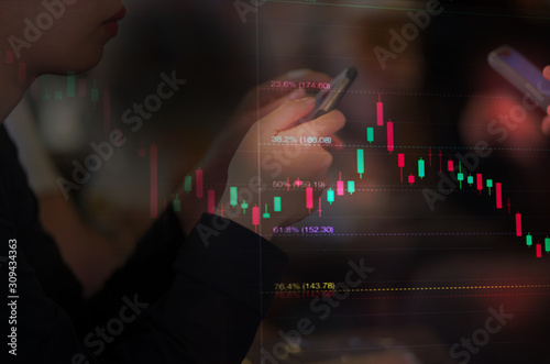 Stock chart fibonacci with people concept, Asian woman using digital smartphone for stock trading, business woman or stock trader are trading concept