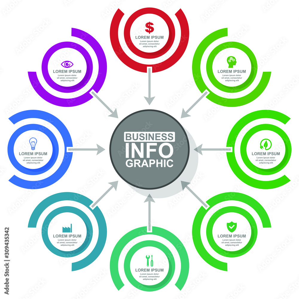 Business, industrial and technology diagram, flat design circular infographic template, web presentation, 8 options, vector illustration in eps 10 Business, industrial and technology diagram, flat design circular infographic template, web presentation, 8 options, vector illustration in eps 10