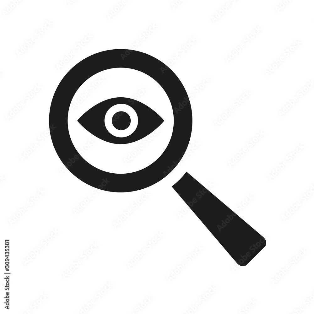 Eye icon with a magnifying glass on white background. Eye icon with a magnifying glass on white background.