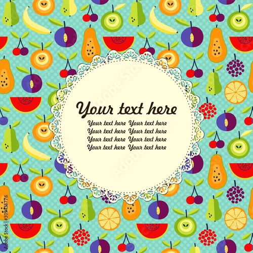 Vector background with bright fruits place for text, menu seamless pattern