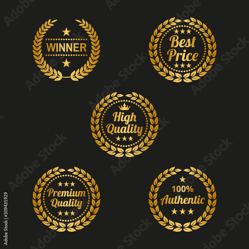 Set of golden laurel wreaths on black background.
