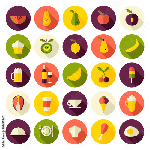food, sweets and drinks flat design icons set 