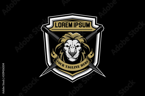 lion character with knife Badge shield or Crest logo template