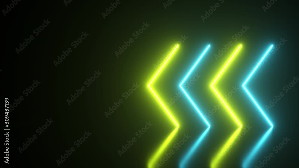 Flashing bright neon arrows light up and go out indicating the direction on the reflective floor. Abstract background, laser show. Ultraviolet neon blue yellow light spectrum. Seamless loop 3d render Flashing bright neon arrows light up and go out indicating the direction on the reflective floor. Abstract background, laser show. Ultraviolet neon blue yellow light spectrum. Seamless loop 3d render