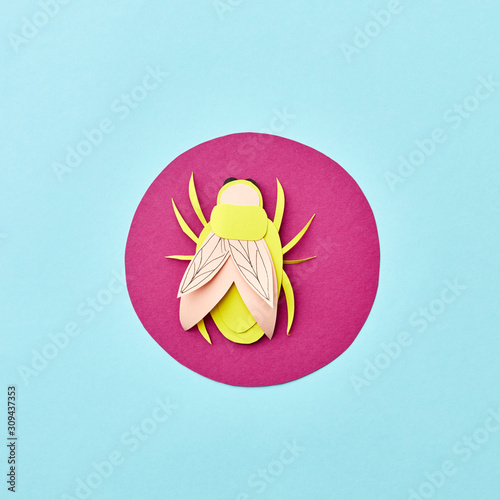 Creative handcraft paper application with fly on a round pink place on a light blue background. Flat lay. photo