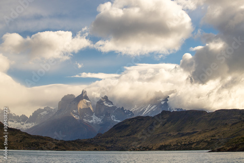 View of the Torres del Paine mountains between the clouds  Torres del Paine National Park  Chile