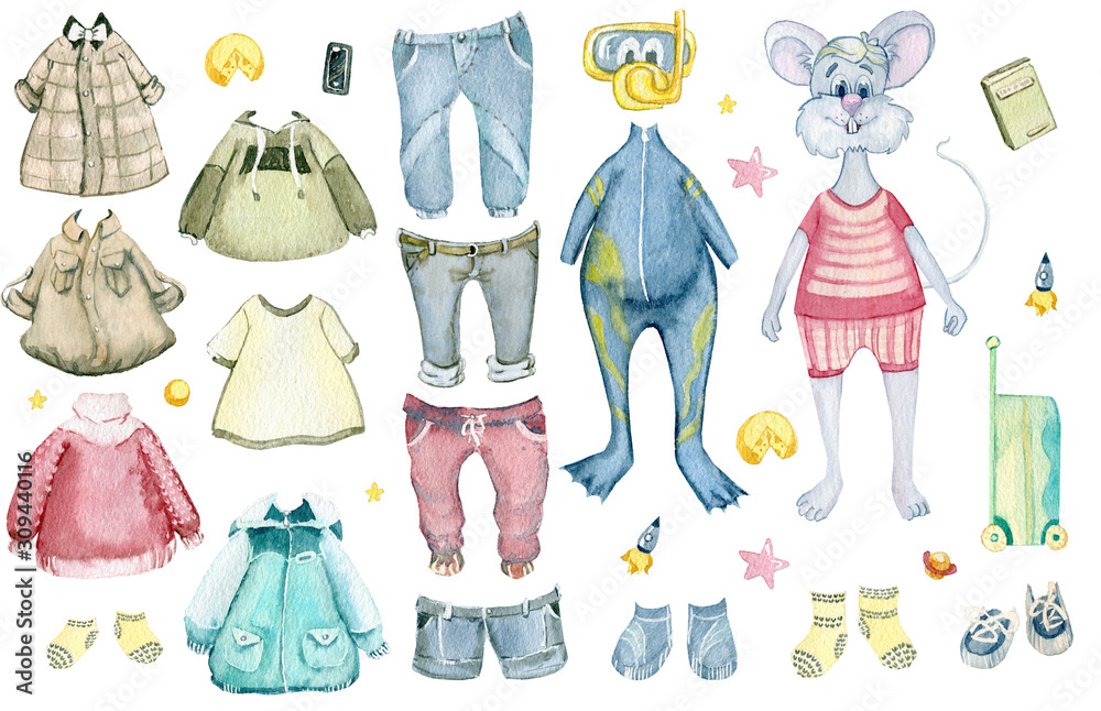 A set of fashionable clothes and accessories for the mouse boy. Watercolor  cartoon drawing on a white background. Stock Illustration | Adobe Stock