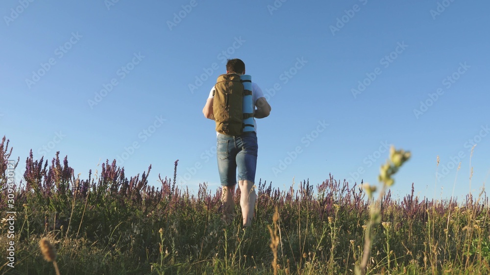 Young male traveler goes uphill in a field with beautiful flowers. Travel and adventure concept. tourist travels in nature, with a backpack climbs a hill. healthy lifestyle concept