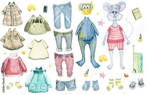 A set of fashionable clothes and accessories for the mouse boy. Watercolor cartoon drawing on a white background. photo
