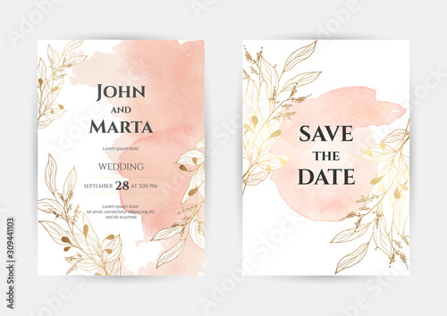 wedding invitation templates. Cover design with gold ornaments. set with hand drawn watercolor background. Trendy templates for banner, flyer, poster, greeting. eps10