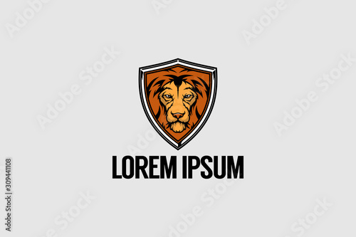 lion head cartoon with shield vector logo template