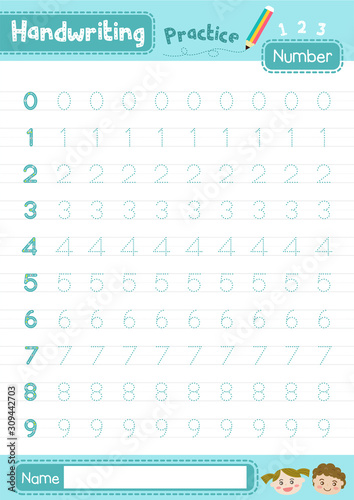 Number 0-10 handwriting practice worksheet for preschool kids learning how to write layout in A4 colorful printable version. Vector Illustration.