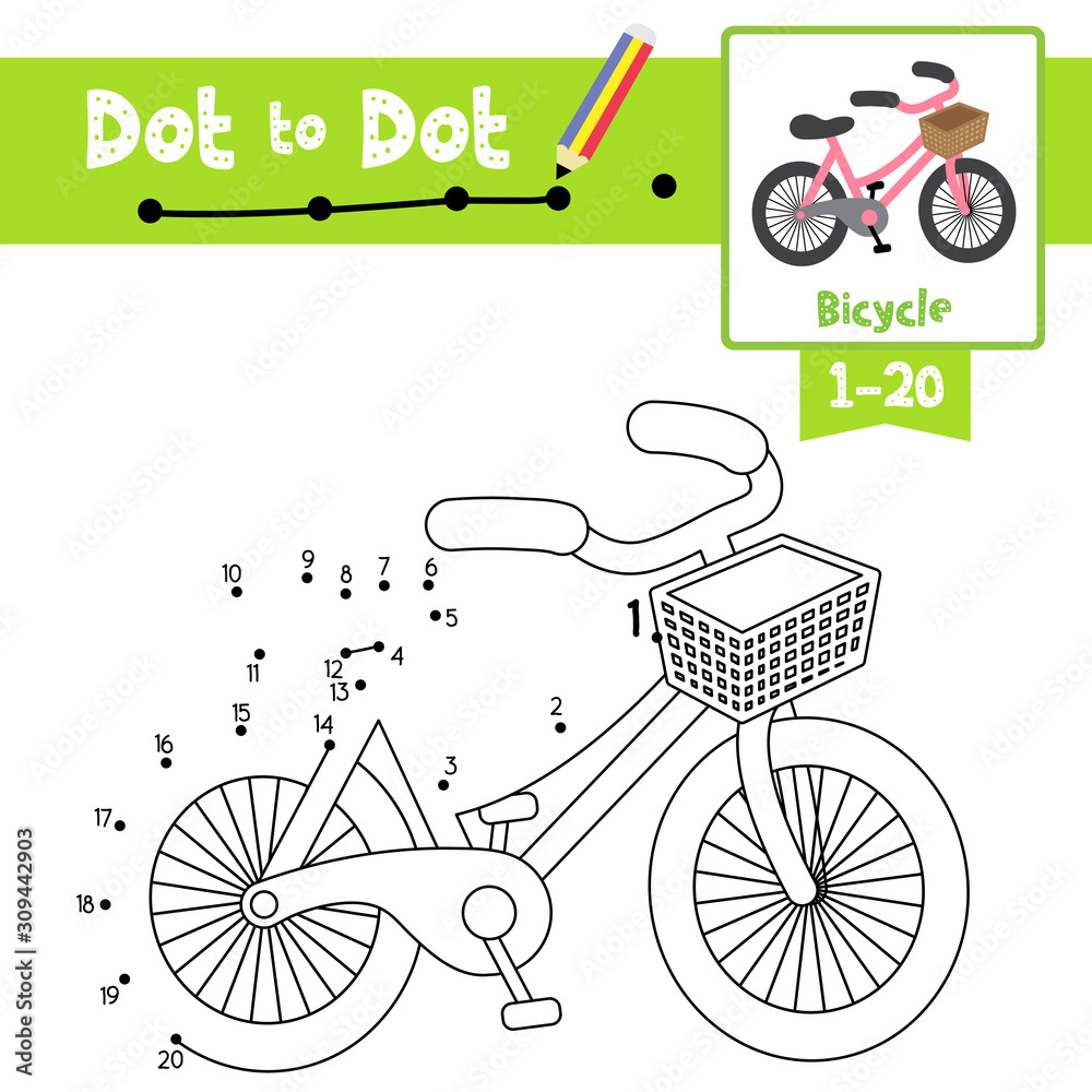 Fototapeta Dot to dot educational game and Coloring book Bicycle cartoon character perspective view vector illustration