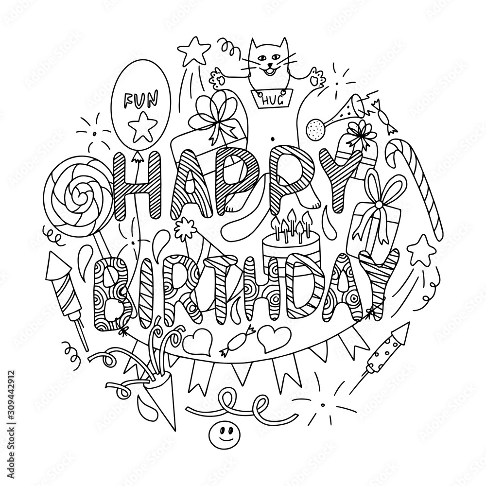 Black and white Vector illustration. Birthday card concept. Set of elements with the inscription 'Happy birthday'