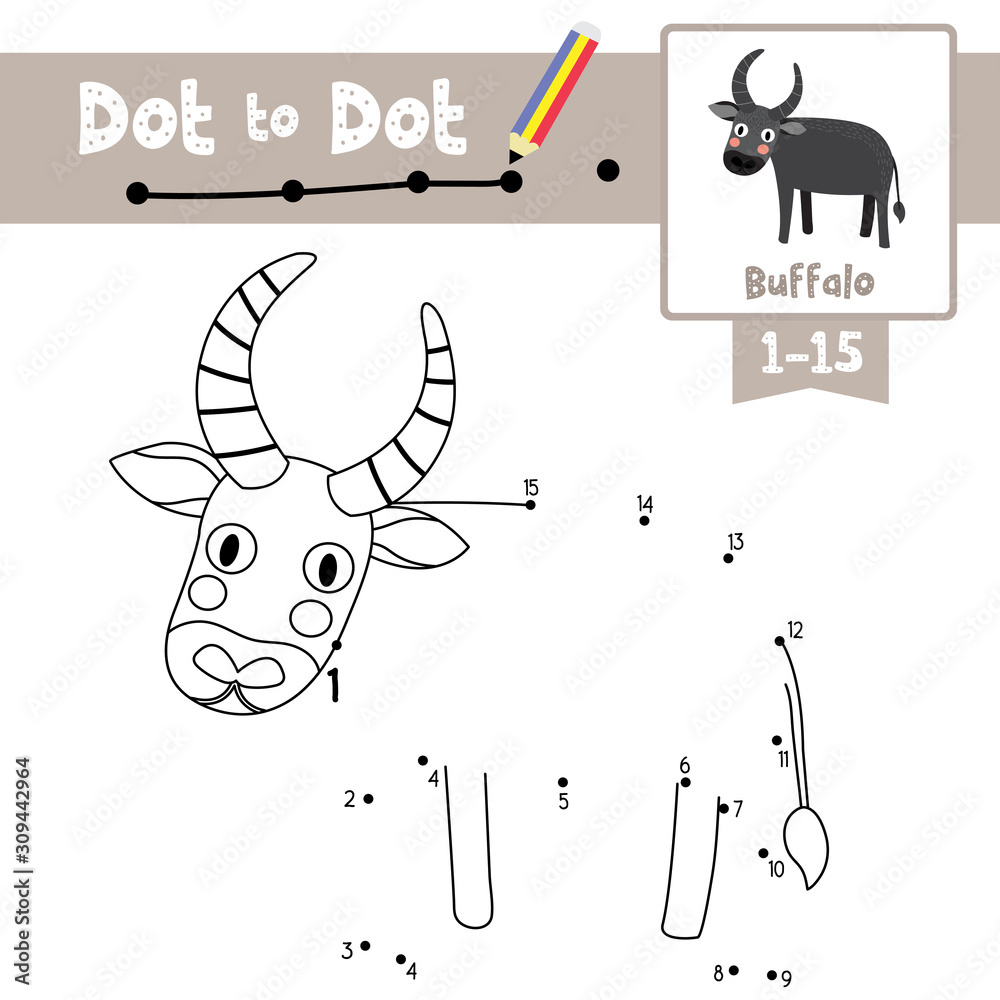 Dot to dot educational game and Coloring book Buffalo animal cartoon ...