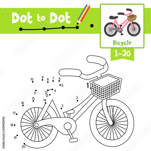 Fototapeta Dot to dot educational game and Coloring book Bicycle cartoon character perspective view vector illustration