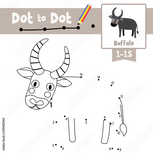 Dot to dot educational game and Coloring book Buffalo animal cartoon character vector illustration