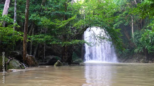 Erawan Waterfall in Spring trees colorful waterfall form mountain in the nature, Beautiful in Spring leaves season at Kanchanaburi,Thailand
