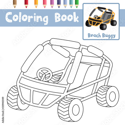 Coloring page Beach buggy cartoon character perspective view vector illustration