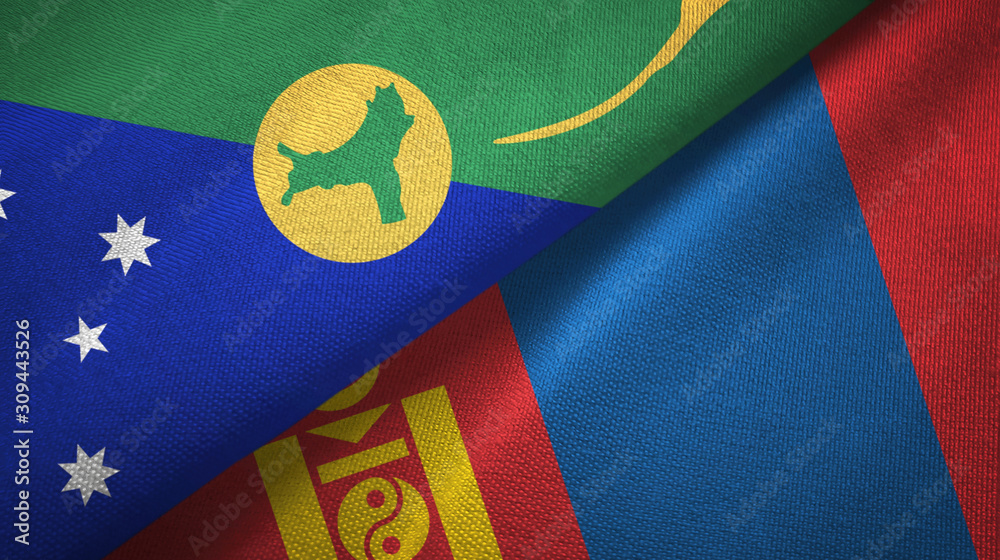 Christmas Island and Mongolia two flags textile cloth, fabric texture