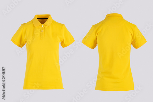 yellow womens blank polo shirt, front and back view isolated on white on invisible mannequin
