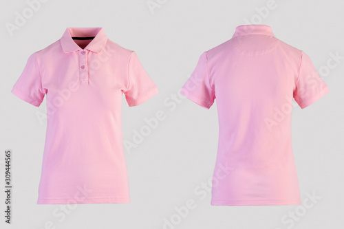 pink womens blank polo shirt, front and back view isolated on white on invisible mannequin
