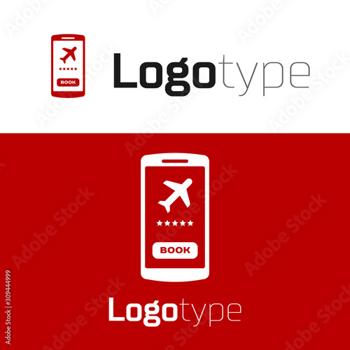 Red Smartphone with electronic boarding pass airline ticket icon isolated on white background. Passenger plane mobile ticket for web and app. Logo design template element. Vector Illustration