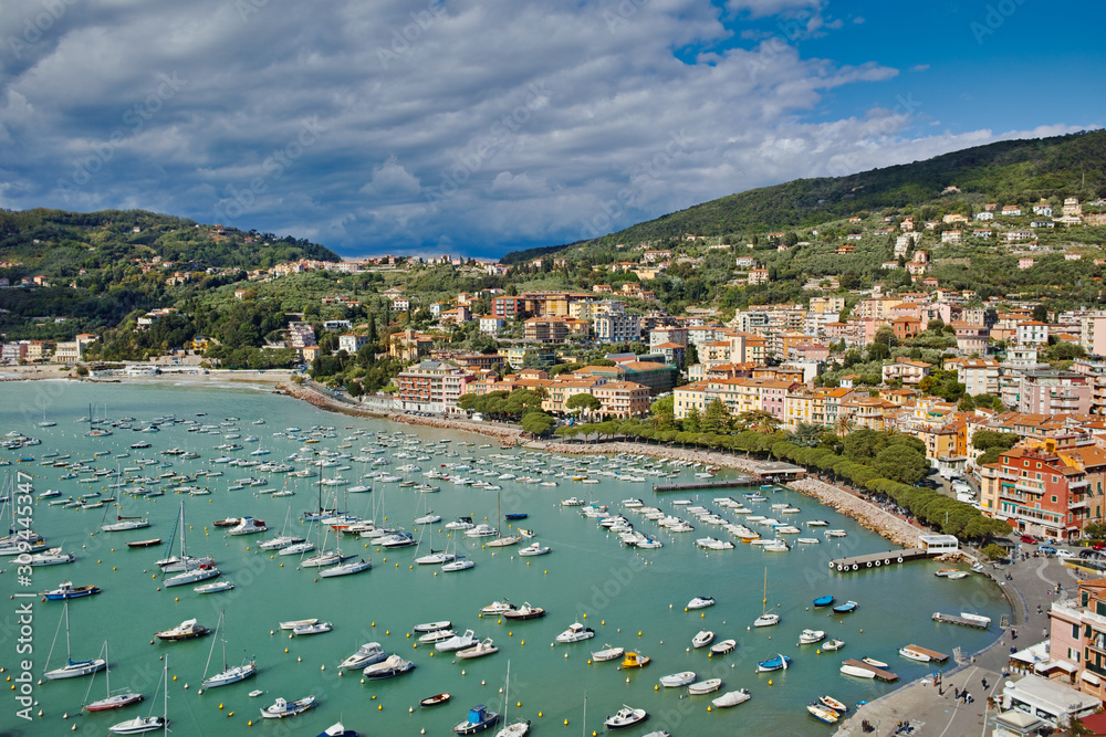 Panorama of the small port of Lerici and its beaches Liguria Italy