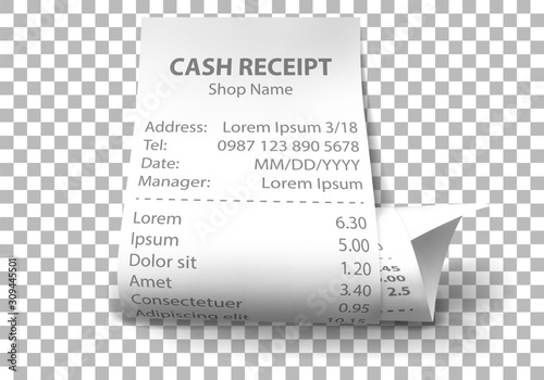 Shop receipt set of realistic isolated vector illustrations. Curled paper payment bills with barcode, goods and their price, tax, Vat and total amount photo