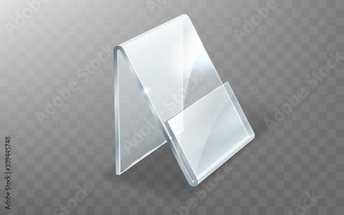 Acrylic holder, glass or plastic display stand for menu or cards, realistic vector illustration. Transparent table holder or tent for price isolated on transparent background