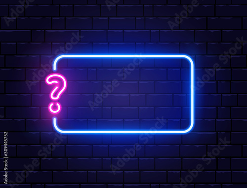 Neon quiz banner. Glowing question mark. Color neon banner on brick wall. Realistic bright night signboard. Shining neon effect. Vector illustration photo
