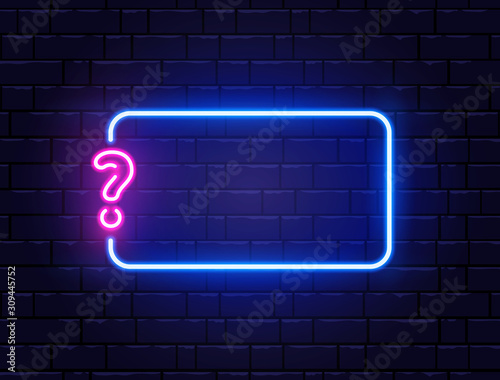 Neon quiz banner. Glowing question mark. Color neon banner on brick wall. Realistic bright night signboard. Shining neon effect. Vector illustration