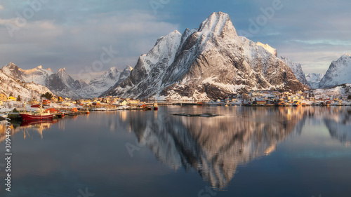 Panorama view of Reine at sunrise in winter photo