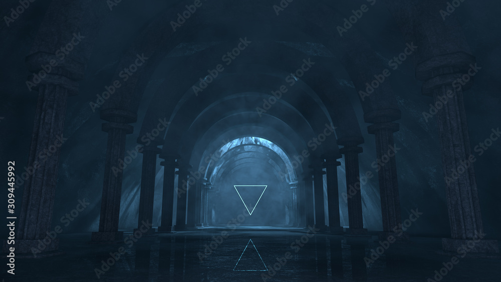 strange majestic temple with glowing ethereal lights - obrazy, fototapety, plakaty 