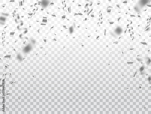 Silver confetti on transparent background. Falling shiny silver confetti and pieces of serpentine. Bright festive tinsel. Birthday decoration. Holiday party design elements. Vector illustration